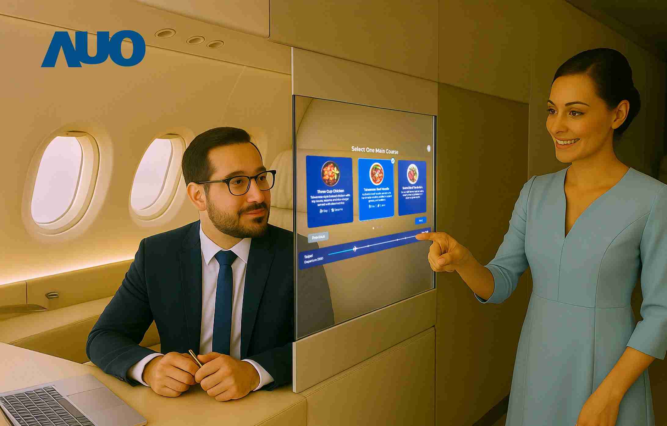 CG电子研发全球最薄17.3 吋双面透明 Micro LED 显示器，，可在同一屏幕之双边投射不同信息，，，，创造独特的”透明化”互动；图为实时翻译交流应用情境