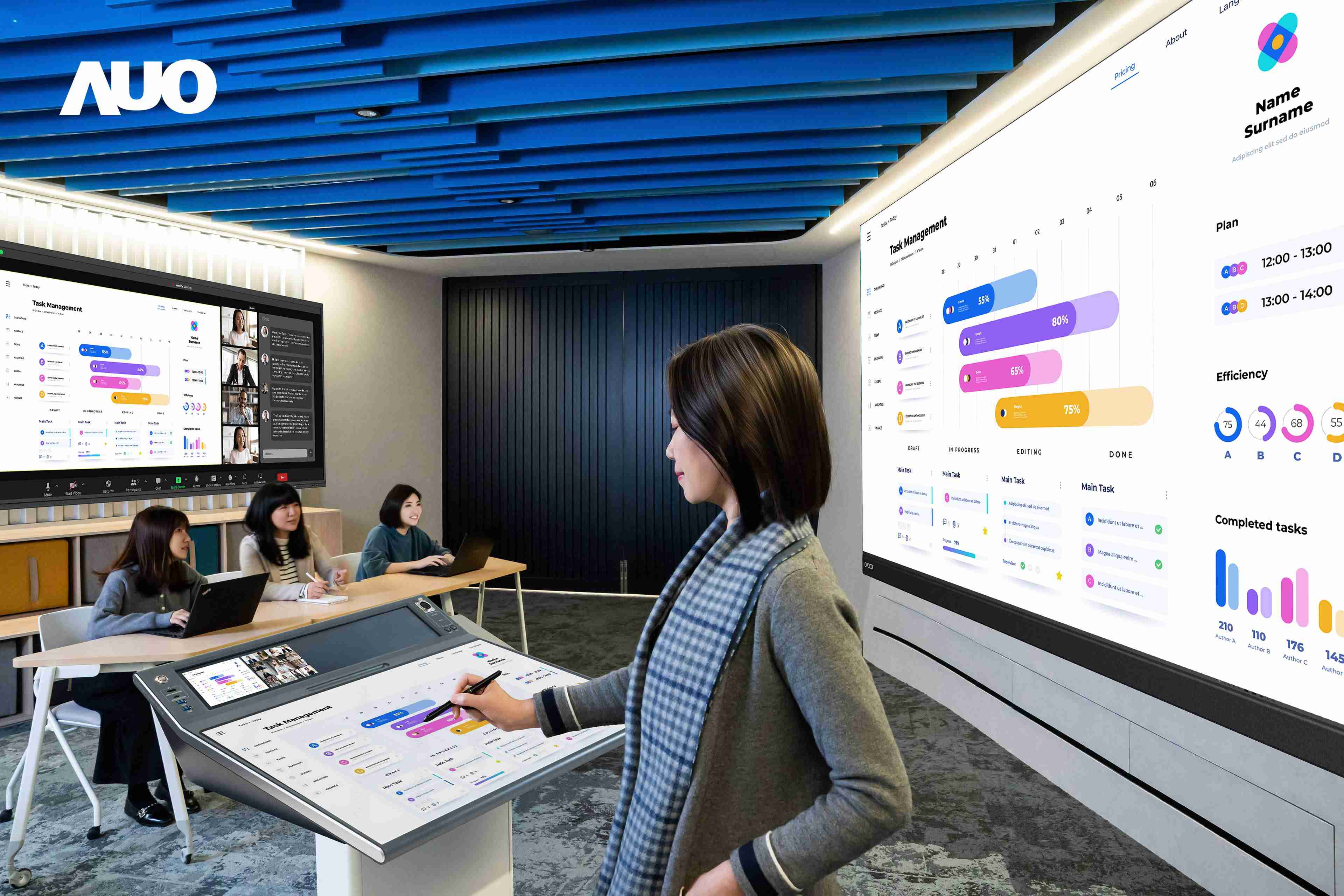 达擎携手Avocor与Rise Vision展示全方位商务领域应用，，，，包含采用模块化设计的138吋一体式All-in-One LED显示器及具21:9超宽比例的92吋交互式电子白板（IFPD），，，讲者可轻松分享内容，，，有效提升会议协作效率。。。。